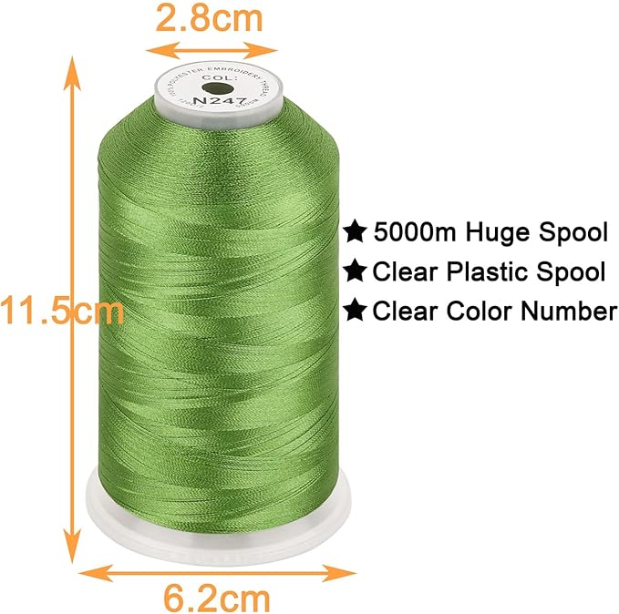 New brothread - Single Huge Spool 5000M Each Polyester Embroidery Machine Thread 40WT for Commercial and Domestic Machines - Meadow Green(Janome Color)