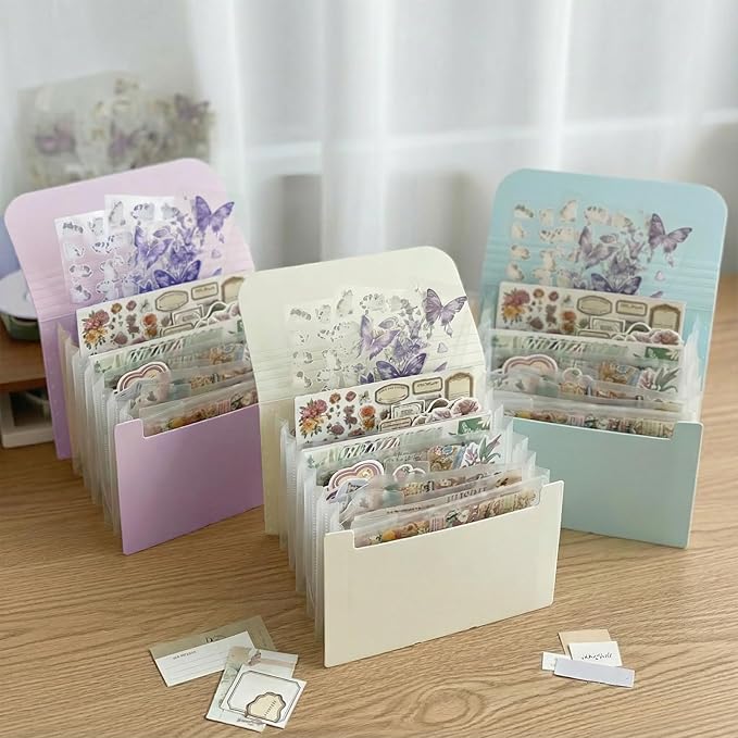 Sticker Storage Organizer with 7 Expandable Pockets, Multi-Layer Desktop Sticker Binder for Scrapbook Essentials and Journal Organizer, Large Capacity for Thick Sticker Album, Washi Tape(Blue)