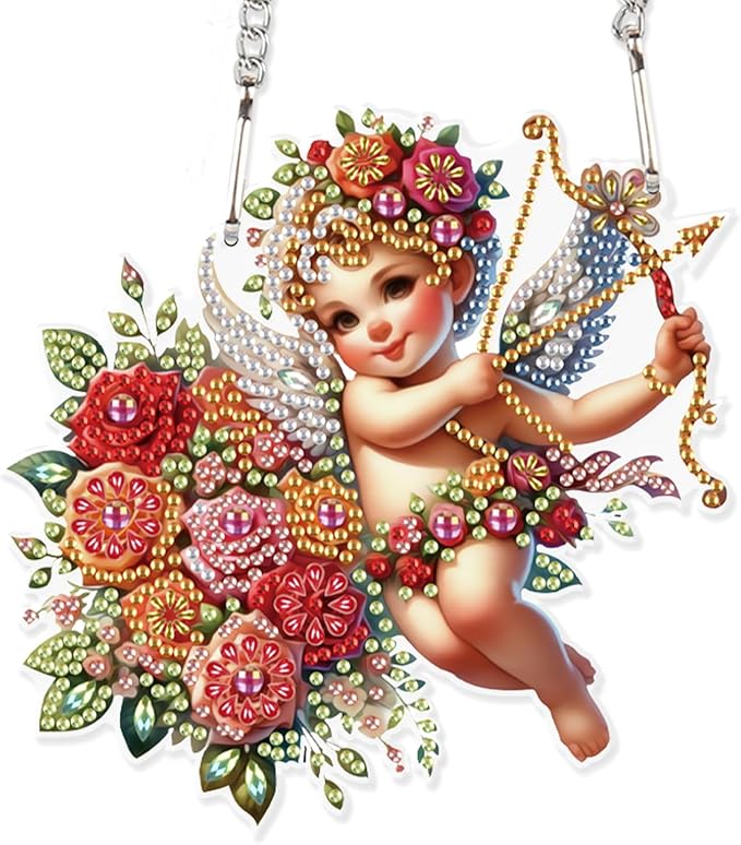 AiYuanzsh DIY 5D Diamond Art Painting Pendant Kit Flower Cupid Special Shape Rhinestone Diamond Art Crafts Wall Hanging Art Door Window Home Decoration Pendant Ornament Valentine's Day Gift