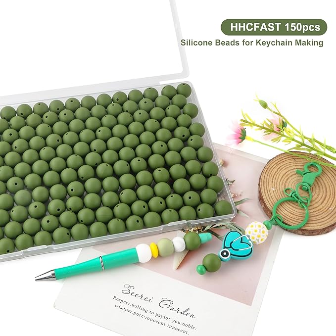 150Pcs 15mm Silicone Beads for Keychain Making Bracelet Necklace, Bulk Round Silicone Beads for Pens（Bean Green）