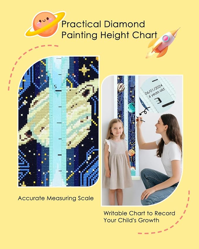 ForeverYoung DIY Growth Chart for Wall Diamond Art Kits for Kids Diamond Painting Kits for Adults, Square Drill Diamond Painting Kit, Gem Art Kit with Diamond Dots, Rocket Height Chart 52.3 x 5.1 Inch
