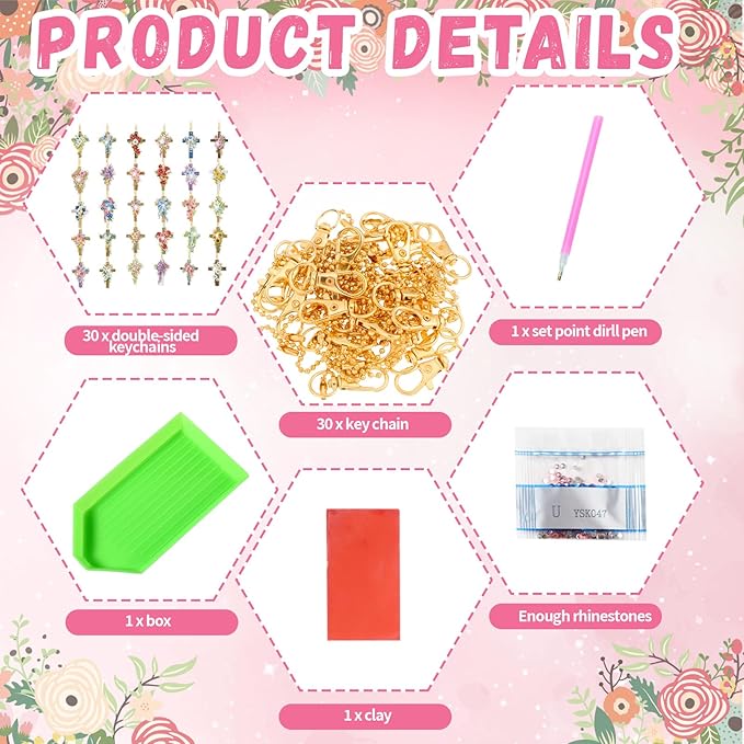 Huquary 30 Pcs Easter Diamond Art Keychains Cross Flower Diamond Painting Keychain Kits for Aldults Double Sided 5d Rhinestones Christian Hanging Key Chains for Beginners DIY Crafts Spring Party Gift