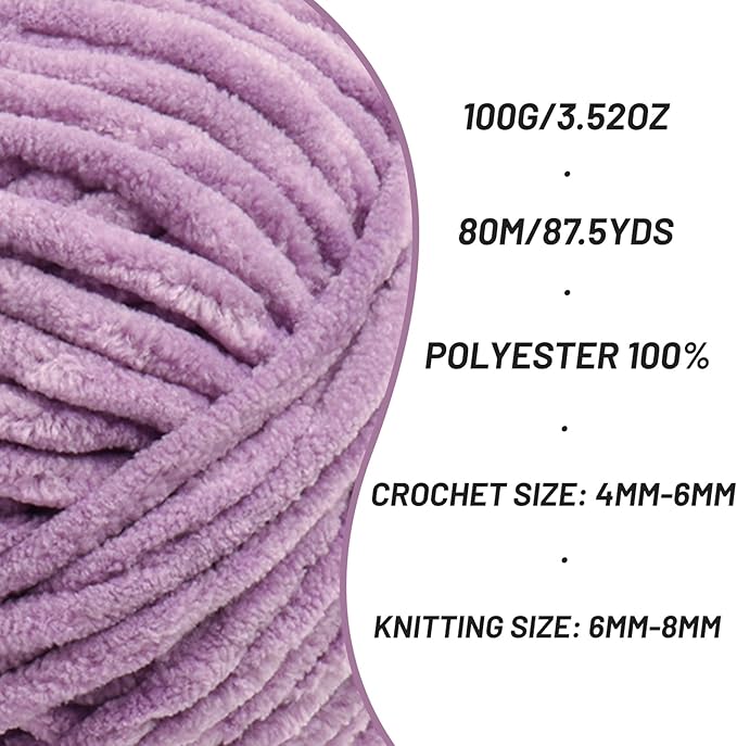 4 Pack Chunky Chenille Yarn for Crocheting, Baby Yarn for Crocheting Soft Blanket, 349.9 yds /14.1 oz Crochet Yarn, Bulky 5 Amigurumi Yarns, Fluffy Velvet Yarns for Knitting Crafts (4 Light Purple)