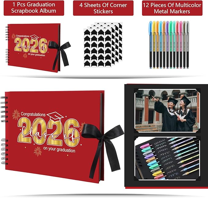 80 Pages Graduation Scrapbook Kit 11 x 8 Inch Photo Album of 2026 Graduation Decoration with 12 Metal Pens and 4 Sheets Stickers for DIY School Congrats Grad Memory Book to Sign(Red)