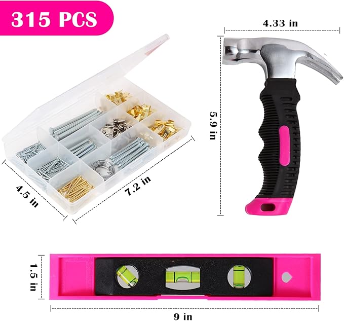 Picture Hanging Kit, 315pcs Hanging Hardware with Hooks, Wire, Nails, D Ring, Wall Hanging Kit with Hangers, Magnetic Level and Small Pink Claw Hammer, nails for hanging pictures for Home Decor