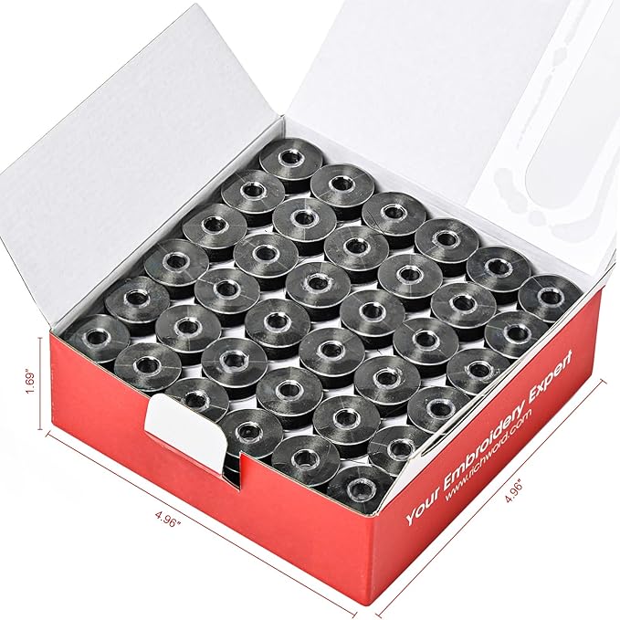 Poolin Prewound Bobbins, Richword Selected Plastic Sided, 144pcs Size L(SA155), 75D/2(60WT) Polyester Bobbin Thread for Commercial Multi Needles Embroidery Machine, Black 105 Yards