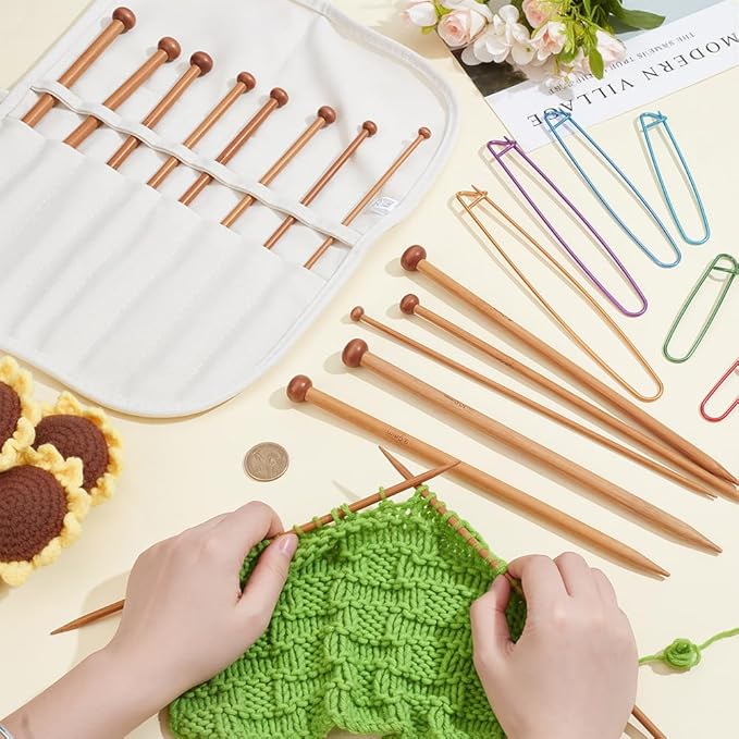 EVERJOYCRAFT 14pcs 7 Pairs Natural Bamboo Knitting Needles Set with Yarn Stitch Holders & Canvas Bag Long Single Point Straight Wood Needles Knitting Starter Kit for Beginners Adults Sweater Scarf
