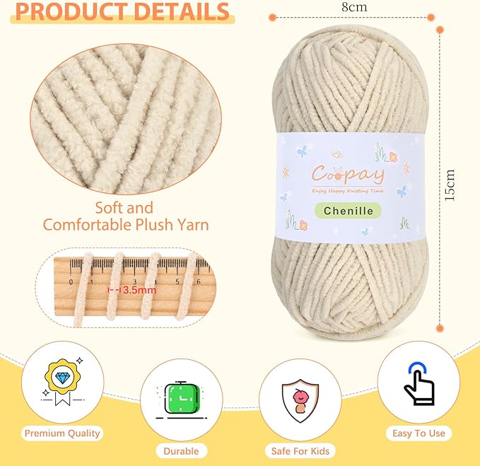 Coopay Chenille Yarn for Crocheting, 8 Pack Medium Weight Yarn - CYC #4 - Total 520yd, Soft Crochet Yarns for Plush Toys, Blankets, Scarves (Khaki)