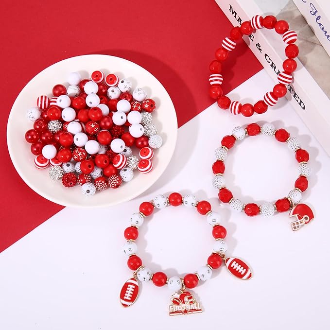 HSWE Game Day Beads for Bracelets Making Kit,Red White Heishi Clay Pearl Letter Assorted Round Beads Gold Spacer Beads with Football Charms for DIY Bracelet Necklace Jewelry Making,2100PCS+
