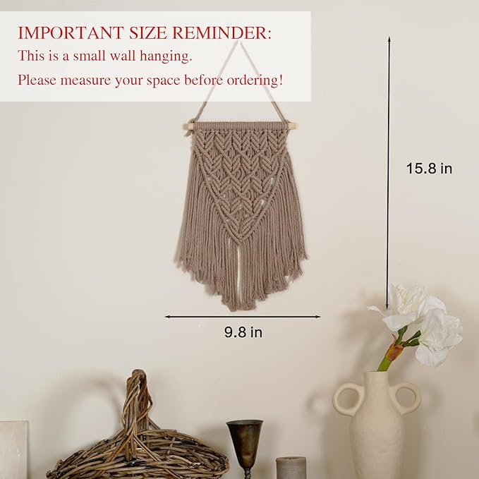 small macrame wall hanging decor boho tapestry for bedroom living room dorm nursery and office, cute aesthetic wall art for small spaces for teen girls and home decor (beige brown, 16*10 inch)