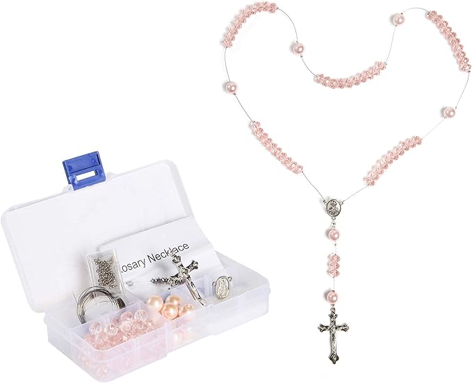 Linpeng Pink Crystal Bead Box Rosary Necklace DIY kit, Rhodochrosite