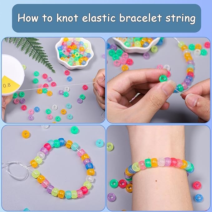 1000Pcs 6x9mm Glow in The Drark Pony Beads for Jewelry Making, 5 Style Color Kandi Hair Beads for Braids, Bracelets Making Kit, with Stretch Cord and Scissors