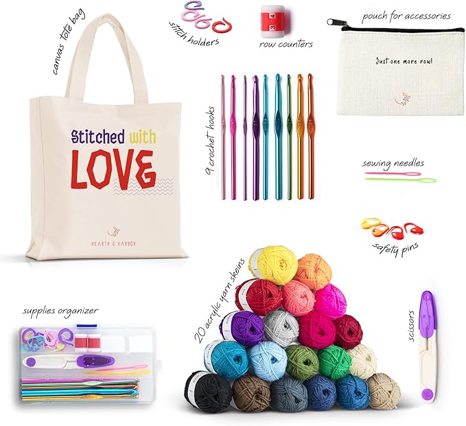 hearth & harbor 43 piece crochet kit for beginners adults and kids, small set with 9 hooks 55 yards of yarn crocheting kit, canvas tote bag lots more - beginner