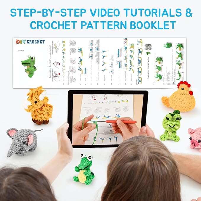 7shaaarks crochet kit for beginners | set of 6 animal crochet kits with yarn & video tutorials, includes frog, crocodile, rooster, elephant, yak & piglet, easy diy gift for teens & kids, christmas