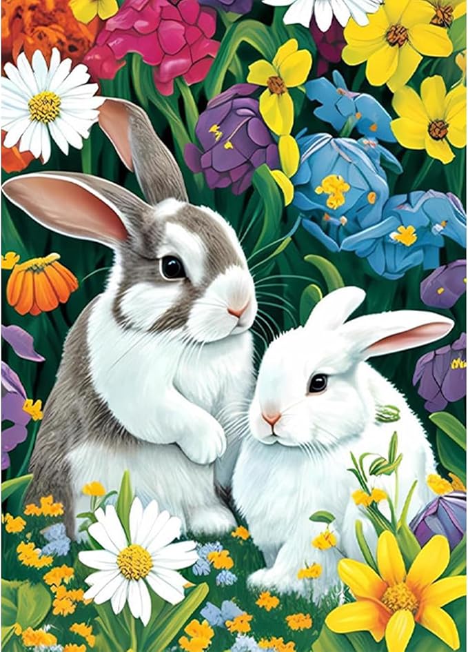SENQAO Rabbit Diamond Painting Kits, 5D DIY Flowers Diamond Painting Kit Full Drill Diamond Art for Adults Kids Paint by Diamond Kits Easter Bunny Diamond Painting Rabbit 12x16inch
