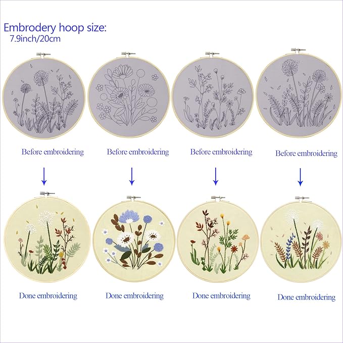bonroy 4 sets embroidery set for beginners, art craft, easy sewing embroidery kit includes embroidered clothes with patterns, embroidery hoops, instruction manual, colorful stitch set (2 most)