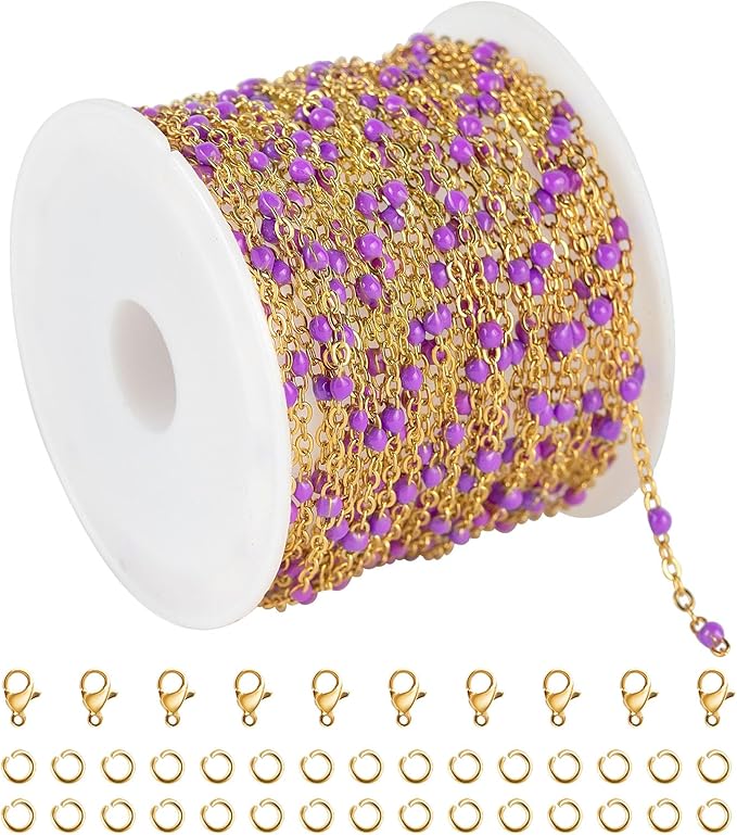 KYUNHOO 5 Meters Gold Stainless Steel Chains for Jewelry Making Purple Enamel Beaded Chain Roll with Lobster Clasps Jump Rings for Crafting Bracelet Choker DIY