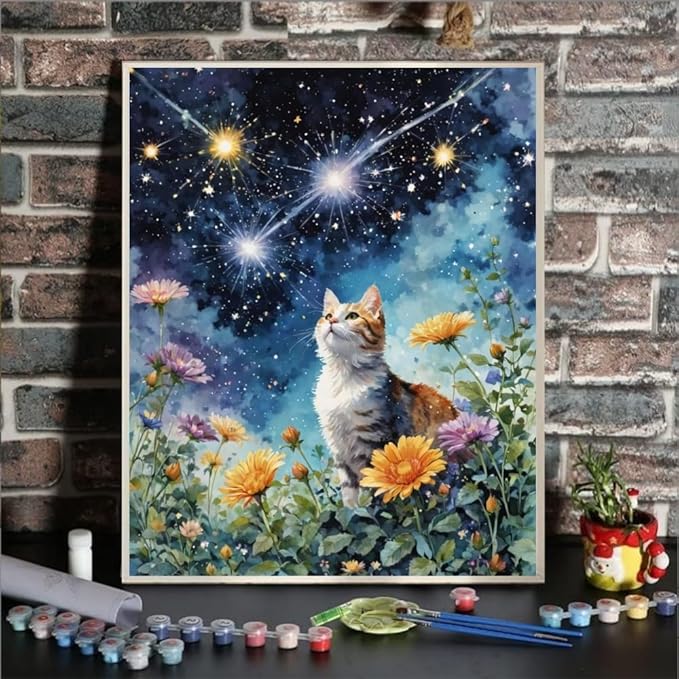 ldazao Paint by Number for Adult Beginner, Cat and Starry Sky Painting by Numbers Kits, Cat - DIY Painting Kits for Adults Without Frame Paint by Number On Canvas for Gift Home Wall Decor