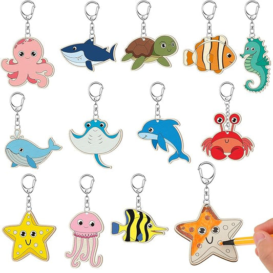 Trnayi 36 Pcs Sea Life Unfinished Wooden Keychains Color Your Own Unfinished Wooden Crafts Blank Wood Painting DIY Crafts for Home Activities Arts Project Decoration