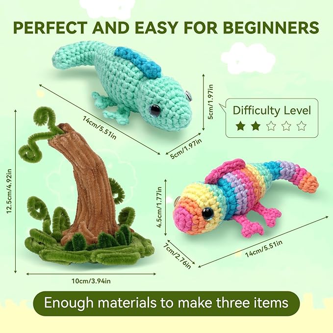 MOREJMTT Crochet Kit for Beginners, Crochet Animal Kits, Crocheting Kit for Starters, Learn to Crochet with Step-by-Step Video Tutorials, Beginner Crochet Kit for Adults(Chameleons)