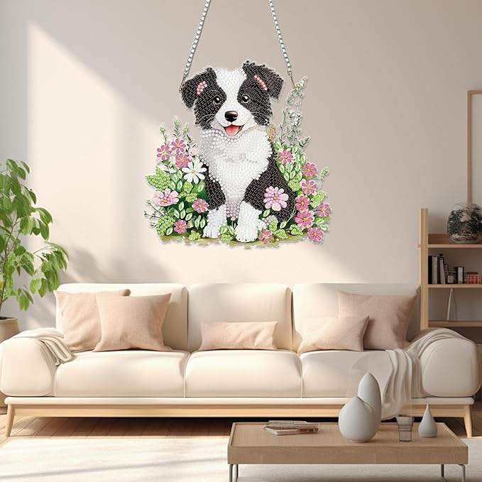 Miwixy Dog Hanging Diamond Art Kits for Adults,Black White Flowers Special Shaped Crystal Diamond Painting Ornament Kit DIY Double-Sided Pattern Window Pendant Gem Art Kit for Home Wall Decor