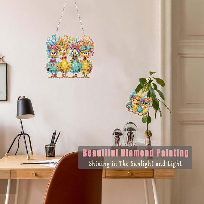 Masendp Chick Diamond Painting Hanging Decoration Kit, DIY Special-Shaped Rhinestone Window Hanging Kit, Suitable for Home Garden Wall Decoration Gifts