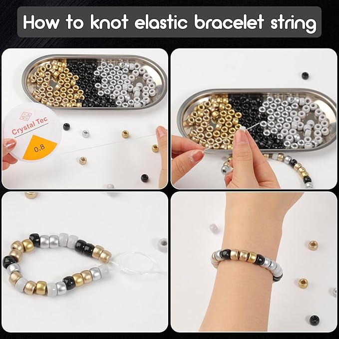 1200Pcs Friendship Bracelet Bead, 6x9mm Pony Beads for Jewelry Making, 5 Style Gold Silver Colors Kandi Bead Bulk, Hair Beads for Braids with Stretch Cord and Scissors