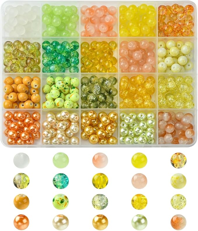 Echoed Elegance 8 Color Gradient Glass Beads Kit - 400pcs 8mm Round Beads for DIY Jewelry Making, Bracelets, Necklaces - Mixed Blending Color Craft Beads with Storage Box (Yellow)