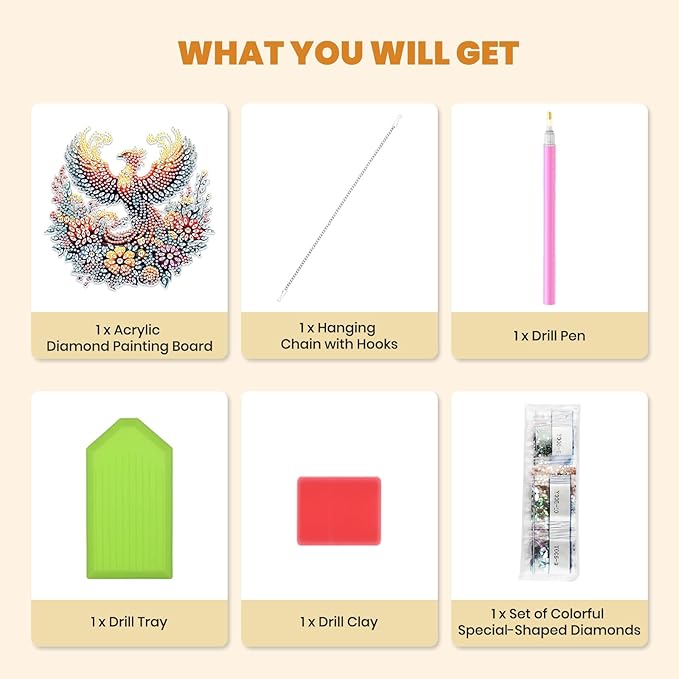 MXJSUA Phoenix Diamond Art Hanging Kits for Adults Beginners, DIY Acrylic Special Shaped Crystal Animals Diamond Gem Art Pendant Drills Painting Ornament for Home Wall Decor and Gift
