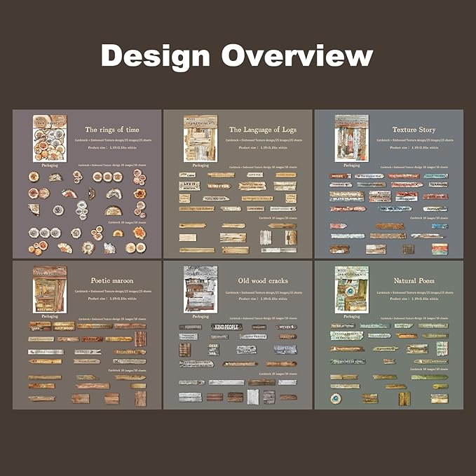 Wood Grain Embossed Sticker Card Set – 150pcs Vintage English Lettering with Warm Nature Theme for Scrapbook Journal Planner Tags DIY Craft Decoration