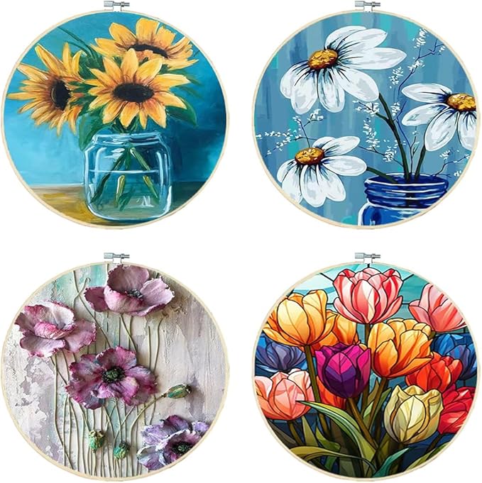 4 Pack Stamped Cross Stitch Kits with Frame - Flower Embroidery Kits for Beginners Adults,11 CT Patterns Dimensions Counted Cross Stitch Kits Arts Craft Kits 7.8 x 7.8 inch