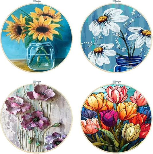 4 Pack Stamped Cross Stitch Kits with Frame - Flower Embroidery Kits for Beginners Adults,11 CT Patterns Dimensions Counted Cross Stitch Kits Arts Craft Kits 7.8 x 7.8 inch