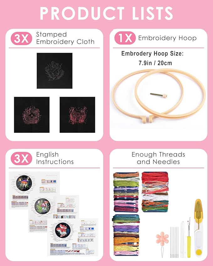 TINDTOP Embroidery Kit for Adult Beginners, Mushroom Embroidery Stitch Practice kit Include Embroidery Cloth Hoops Threads for Craft Lover Hand Stitch
