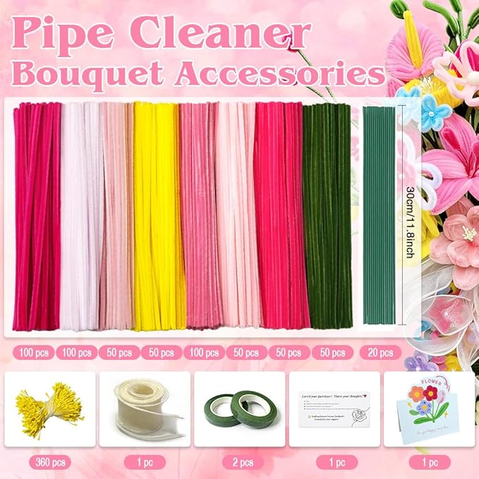 985-Pieces Pink Floral Craft Kit with Pipe Cleaners, Flower Stems & Stamens - Complete DIY Flower Making Set for Art Projects, Party Decorations & Gift Wrapping