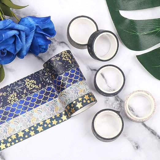 CCINEE Black Gold Foil Washi Tape,Floral Decorative Masking Tapes for Bullet Journal Scrapbook Planner Art Craft,10 Rolls
