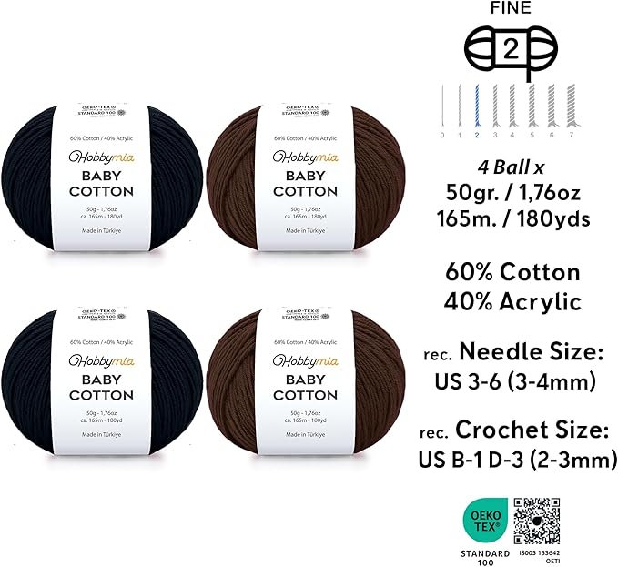 Baby Cotton Yarn Bundles for Crocheting - Each Ball is 50g / 180yds - (2) Fine, Sport Weight Yarn - Amigurumi Yarn, Crochet Thread - & 5 Stitch Makers (Black & Brown)