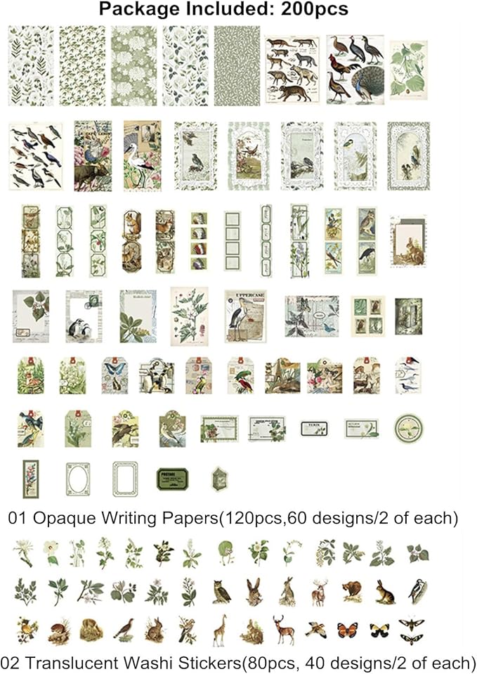 Esweny 200PCS Vintage Scrapbooking Supplies Pack, Aesthetic Scrapbook Sticker Paper Art Journaling Kit for Junk Journals,Planner,Cottagecore Decor Gifts (Green Series)