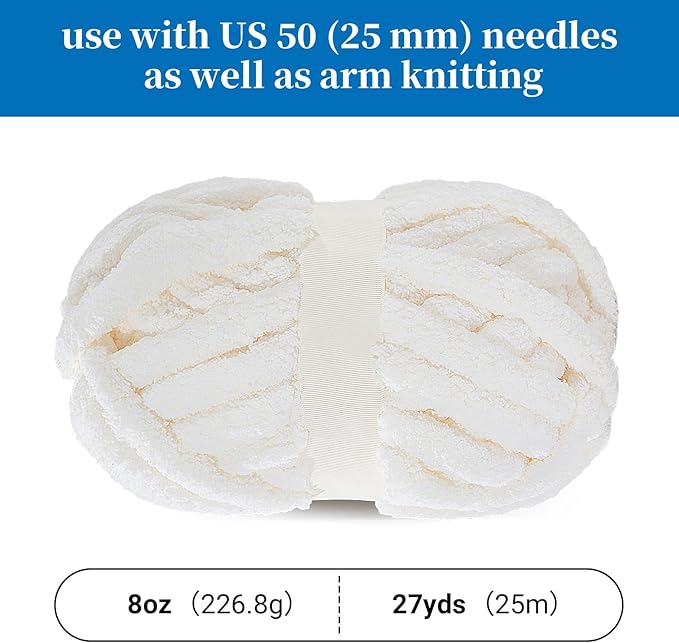 BALAPET 8 Pack Chunky Chenille Yarn for Crocheting & Knitting, 27yds 8 oz Each Skein Fluffy Kitting Yarn Set, Thick Velvet Plush Yarn for Handcrafts Weaving Making Blankets, Clothes, Cream White