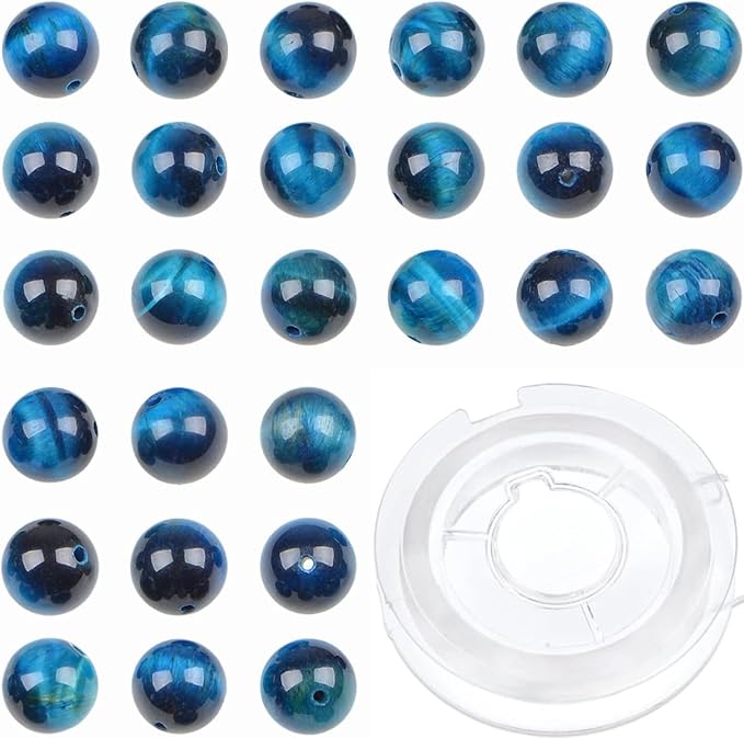 bymitel 210pcs crystal beads stone gemstone round energy healing loose beads with stretch cord for jewelry making bracelets anklets (blue zircon tiger's eye, 6mm 210pcs)