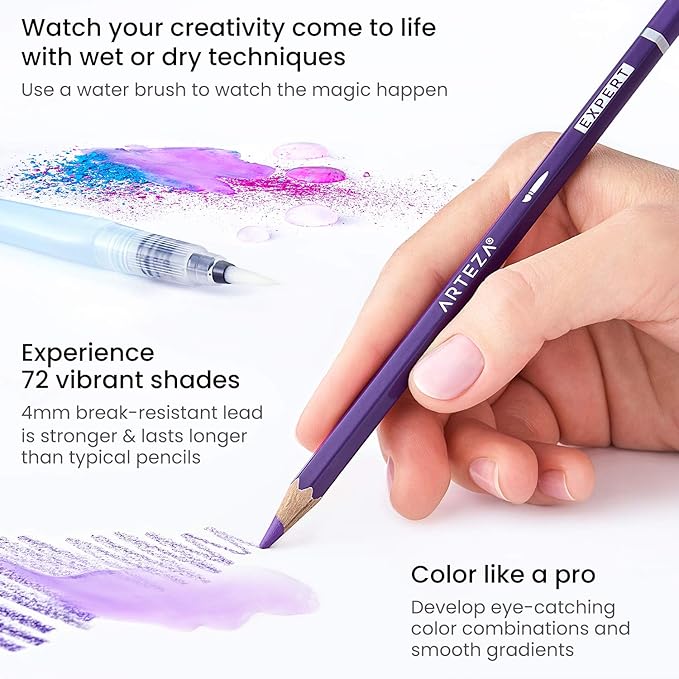 ARTEZA Watercolor Pencils, Set of 72, Water-Soluble Colored Pencils with 4 mm Break-Resistant Core, Pre-Sharpened Tips, and Metal Storage Tin for Blending, Layering, and Wet or Dry Techniques