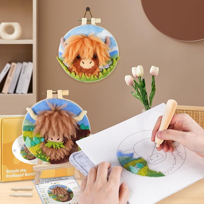 Needle Felting Kit,Embroidery kit for Beginners,Punch Needle Kits Adults Beginner,Punch Needle kit for Beginners, Includes All Tools and Materials,Easy to Follow Instructions and Videos(Highland Cow)