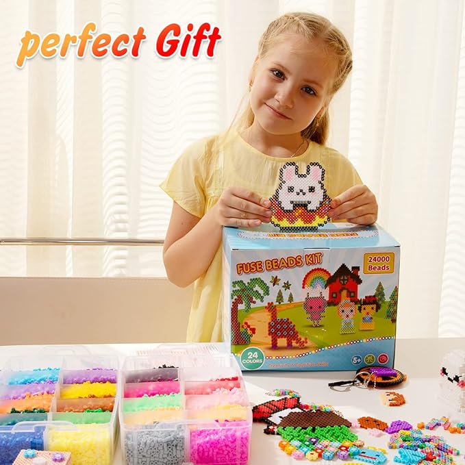 meland fuse beads - 24000pcs fuse beads kit for kids, 24 color 5mm iron beads set with 4 fluorescence color, 6 pegboards - craft kits gifts for birthday christmas