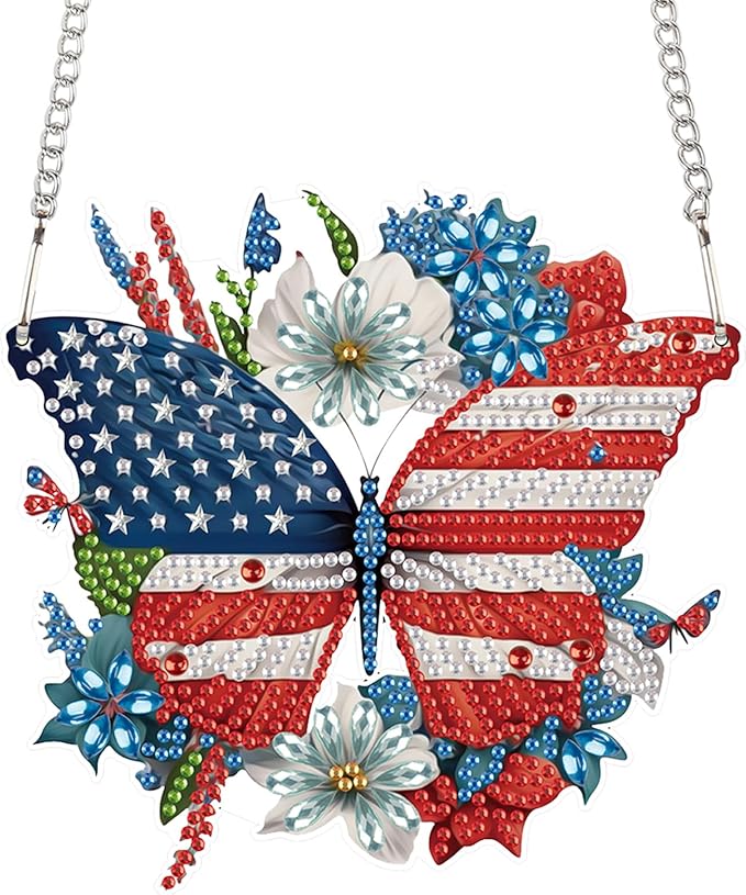 4th of July Diamond Painting Hanging Ornament Kit, Patriotic American Flag Butterfly Wreath DIY Diamond Art Acrylic Pendant, Diamond Painting Kit for Adults Independence Day Home Window Wall Decor