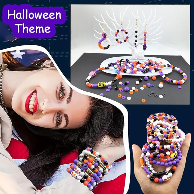 2480Pcs Halloween Beads for Jewelry Making, Halloween Bracelet Making Kit Skull Beads Polymer Clay Beads Heishi Beads 6mm 8mm Black White Orange Purple Round Beads for Bracelets Necklace Charm