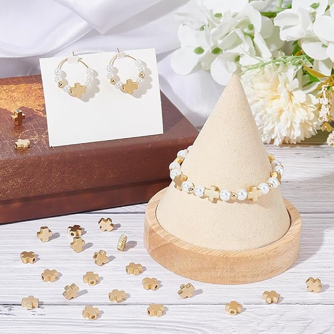SUNNYCLUE 1 Box 50Pcs Cross Beads Real 18K Gold Plated Crosses Bulk Mini Small Golden Cross Bead Tiny Beaded Charm Easter Crucifix Loose Spacers for Jewelry Making Beading Kit DIY Craft