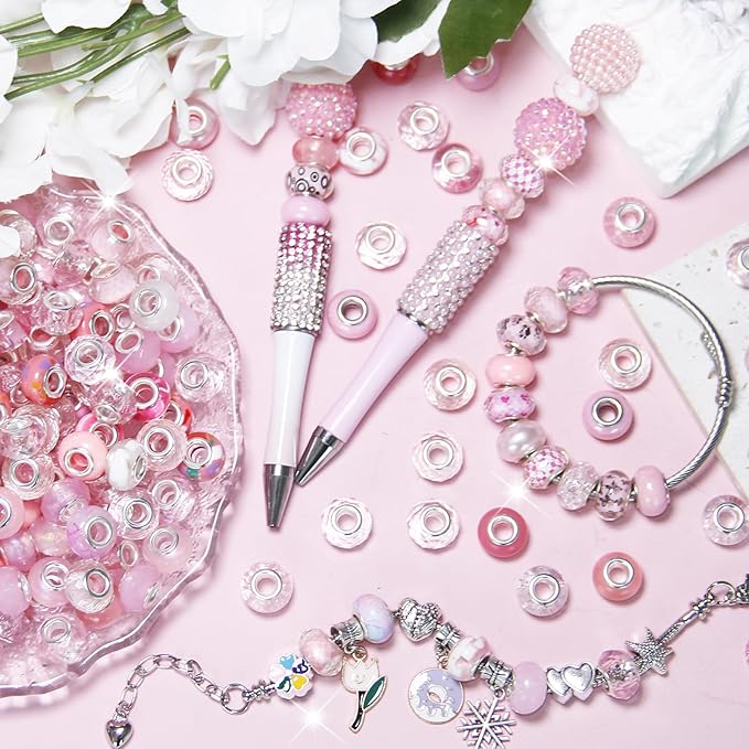 200Pcs Large Hole Beads Spacer Beads Pink Assorted European Craft Big Beads Large Hole Lampwork Murano Bead Fairy Wand Garden Beads for DIY Charm Bracelet Necklace Jewelry Making Decoration Supplies