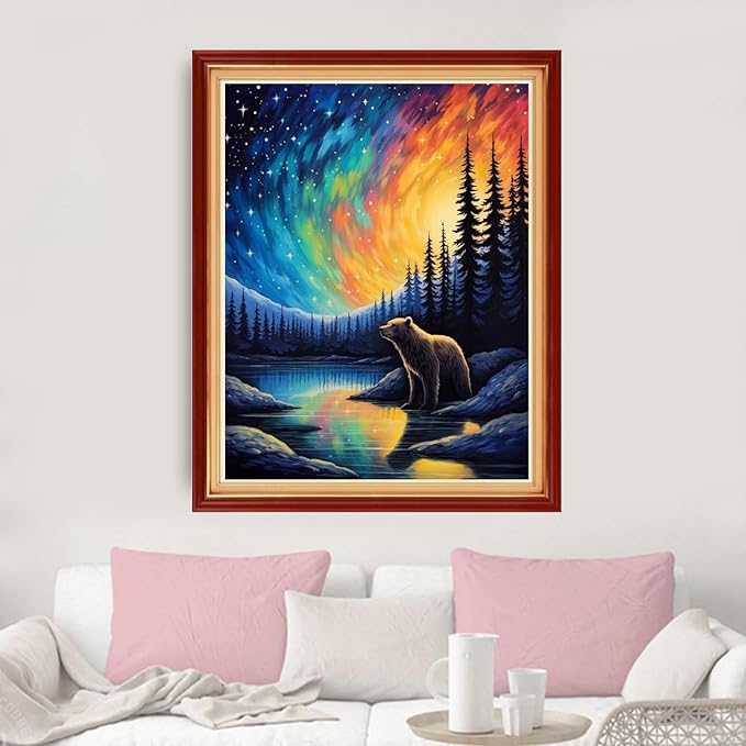 dimxvean stamped cross stitch kits,cross stitch kits for adults beginners,embroidery kits full range of cross stitch stamped kits needlepoint kits cross stitch patterns-brown bear by lake 16x20 inch
