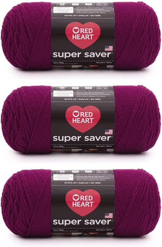 Red Heart Super Saver Mulberry Yarn - 3 Pack of 7oz/198g - Acrylic - 4 Medium (Worsted) - 364 Yards - Knitting/Crochet