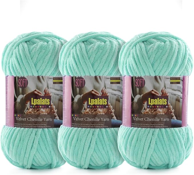 Chunky Chenille Yarn for Crocheting - 3x100g/3.5oz Baby Blanket Yarn for Crocheting Soft - 262 Yards Fluffy Thick Plush Yarns for Knitting Blankets Amigurumi (3, Aqua Green)
