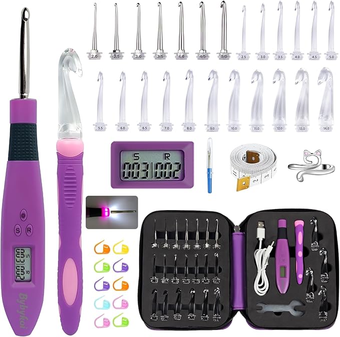 Bybykoi Light Up Crochet Hooks Set with 24 Interchangeable Crochet Kit, Digital Counter, 2 Levels LED, Beginner Knitting Kit for Stitch and Row Counter